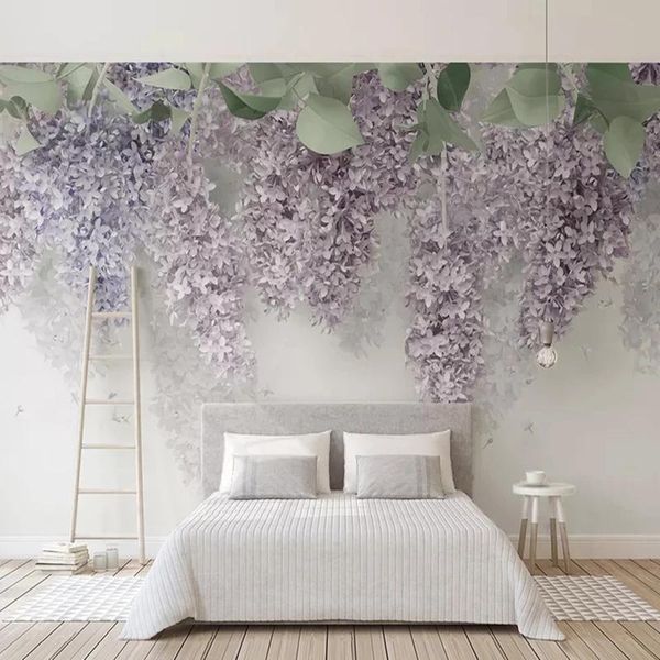 

custom po self adhesive wallpaper 3d purple wisteria flower murals wedding house living room romantic home decor wall paper wallpapers