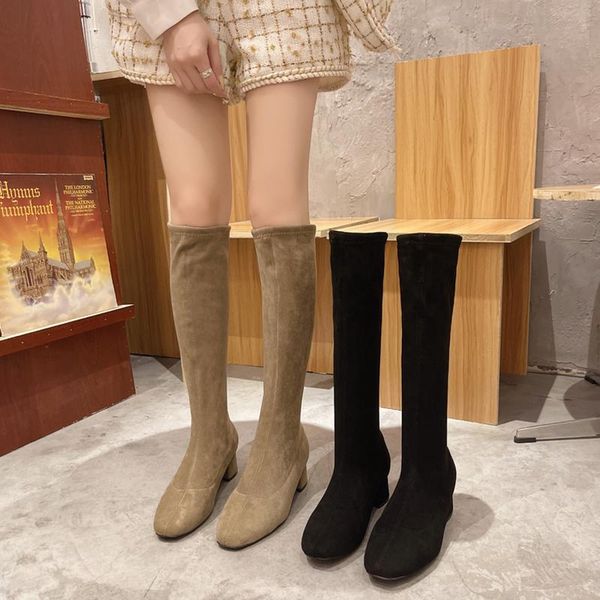 

boots summer women boots-women female shoes round toe thigh high heels rubber 2021 ladies med stiletto autumn, Black