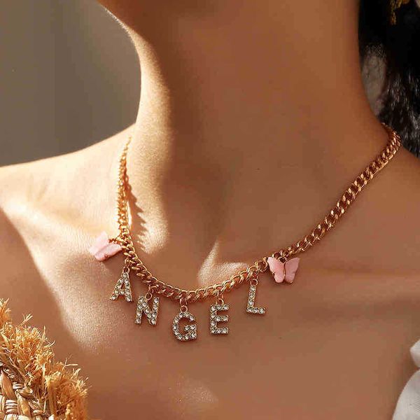 

korea women's cute butterfly necklace baby honey angel crystal letter, Silver