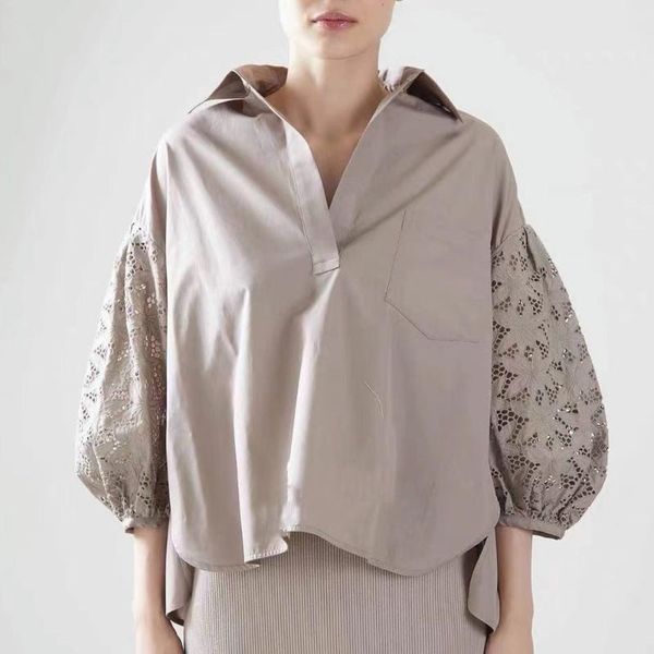 

women's blouses & shirts japanese style lantern sleeve hollow out blouse solid color fashion loose casual v-neck 7-point simple, White