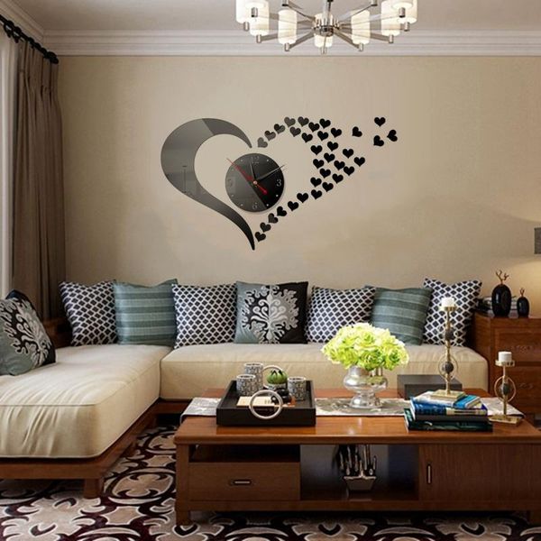 

wall clocks love acrylic 3d mirror quartz watch real stickers home decoration heart fashion clock modern design children
