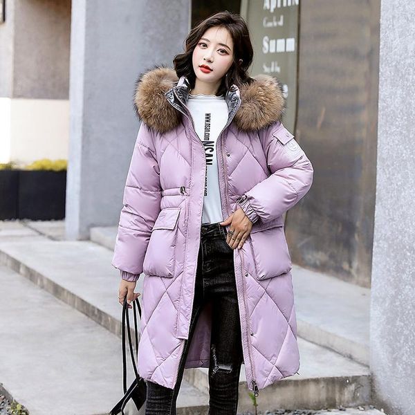 

women's down & parkas mid-length fur collar cotton-padded clothes loose thick solid color waist korean style all-match jacket tide, Black
