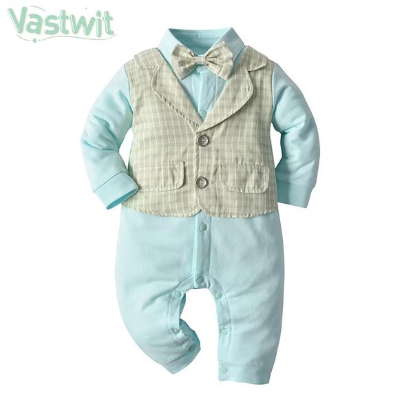 

jumpsuits 2021 born baby boy clothes formal gentleman party suit tuxedo romper jumpsuit infant baptism costume outfit with bow tie, Blue