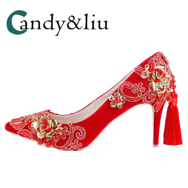 

women red wedding shoes chinese royal court style gold lace retro pumps with tassel buckled flexibly poined toe high heels bride dress, Black