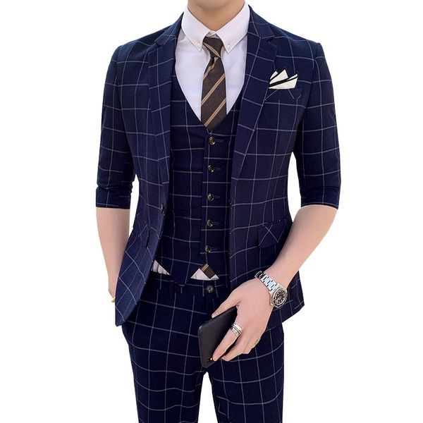 

spring summer men slim plaid suit blazer vest pants fashion trend wedding half sleeve three piece set jacket trousers men's suits & bla, White;black