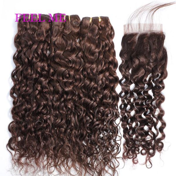 

human hair bulks water wave bundles with closure #2 dark brown brazilian 4x4 lace part feelme, Black