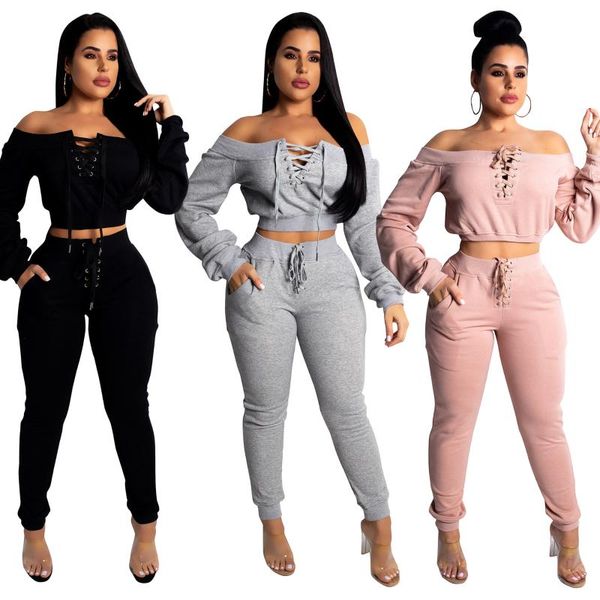 

women's two piece pants fashion casual women suit long sleeve slash neck bandage hoodie high waist slimming lace-up pencil 2pc set str, White