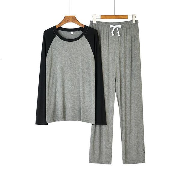 

men's sleepwear spring and autumn modal contrast color cotton pajamas, simple long-sleeved trousers, silk, large size, homewear 22ax, Black;brown