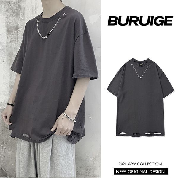 

men's t-shirts summer chain ripped t-shirt fashion casual short-sleeved men streetwear loose hip-hop hole tshirt mens m-2xl g, White;black