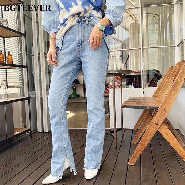 

2011BGTEEVER Fashion Women Denim Jeans High-waist Flare Jeans for Women Side Split Jeans Vintage Female Long Denim Pant Capris 2021, Blue