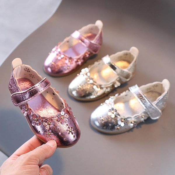 

spring summer children flat shoes girls flowers princess kids soft bottom leather for party dance chaussure fille, Black;grey