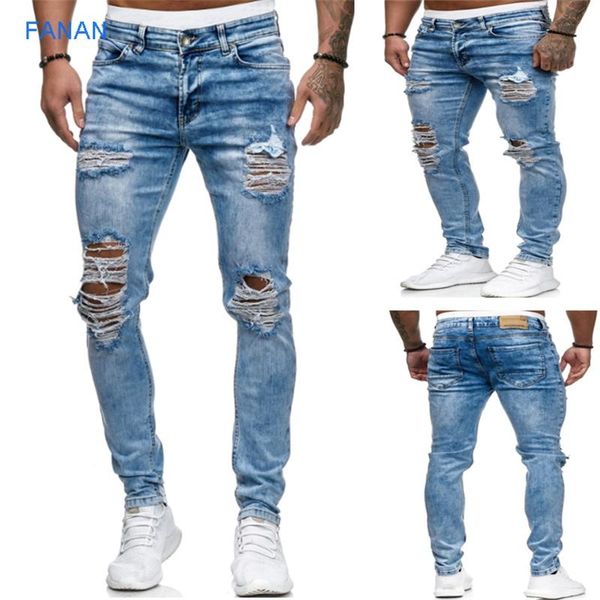 

men's jeans 2021 hole frying and bleaching process small straight pants, Blue