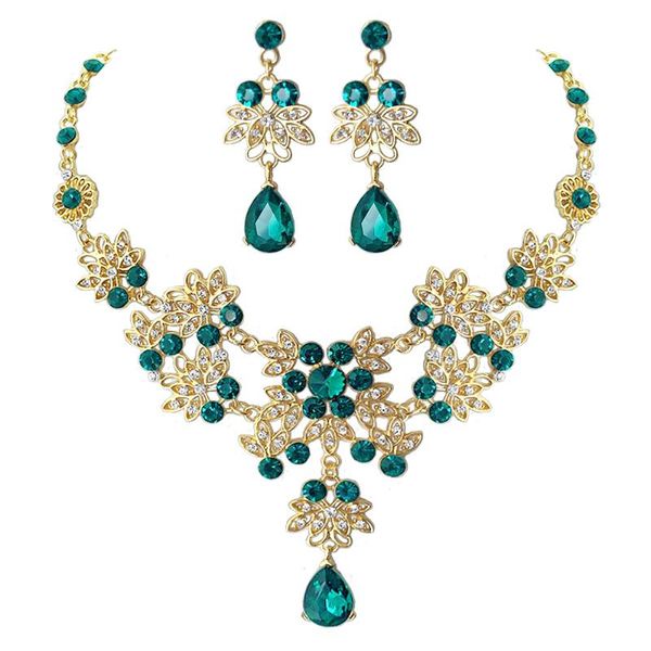 

earrings & necklace treazy classic design green crystal bridal jewelry set gold color floral waterdrop women wedding sets, Silver