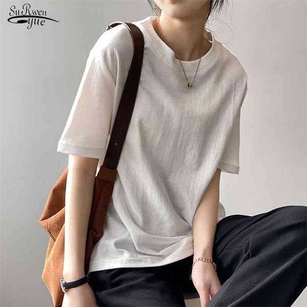 

korean loose cotton tees women short sleeve t-shirt summer o-neck tshirt solid casual tee shirt 13441 210421, White