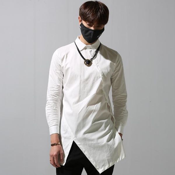 

male faux two piece long-sleeve shirt autumn vintage stand collar after placketing medium-long men's casual shirts, White;black
