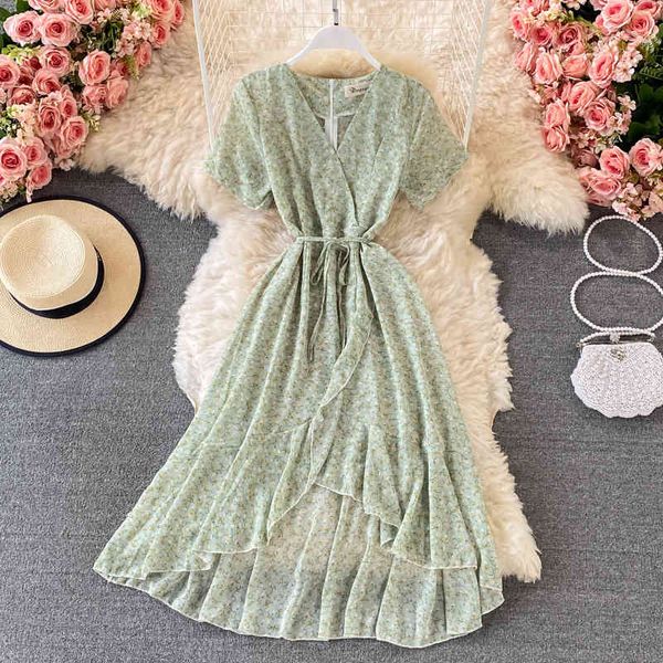 

two piece dress ruffles floral print split midi dress female summer high-waisted short-sleeved large for womens beach vestidos iuy, White
