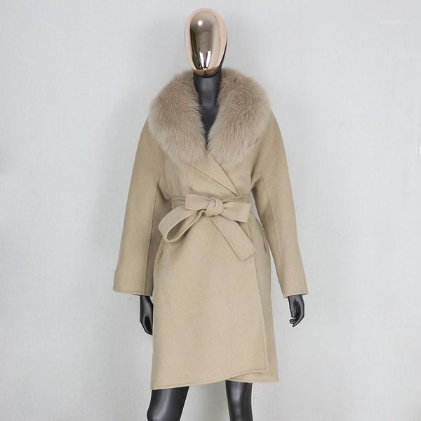 

real fur coat winter jacket women loose natural collar cashmere wool blends outerwear belt streetwear women's &, Black
