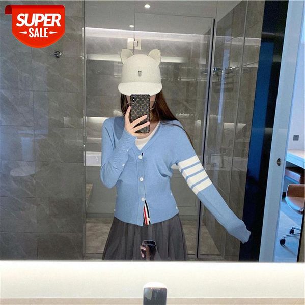 

product baby blue temperament v-neck knitted cardigan slim sweater women korean women's clothing #m41r, White
