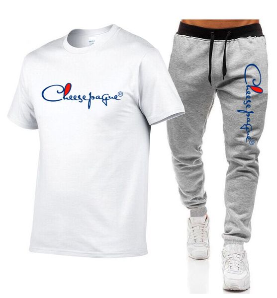 

men's casual tracksuit summer men sets two piece set 100% cotton t shirt brand track clothing male sweatsuit sports suits plus size s-2, Gray