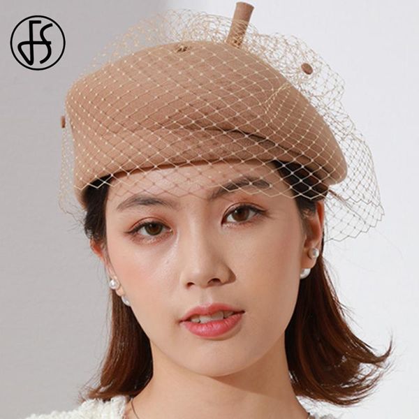 

berets fs fashion hats for women wool felt hat winter vintage french female warm caps femme 2021 boina feminina with veil, Blue;gray