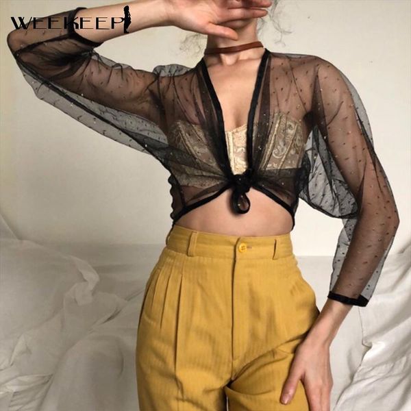 

women's t-shirt weekeep mesh transparent tie front women long sleeve loose crop summer casual streetwear harajuku retro outfits, White