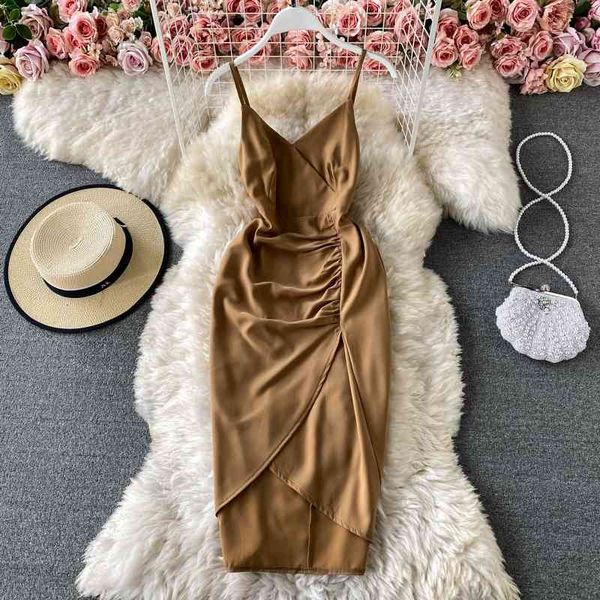 

pure color v-neck suspender dress for womens summer wild design irregular folds slim fit hip office lady party 210420, Black;gray