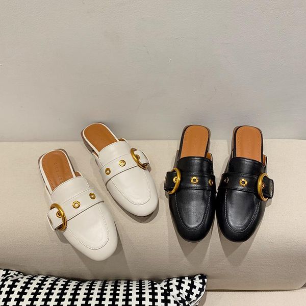 

slippers mule women buckle round toe casual shoes wood heel slides shallow slip on loafers mules sandalias mujer black beige