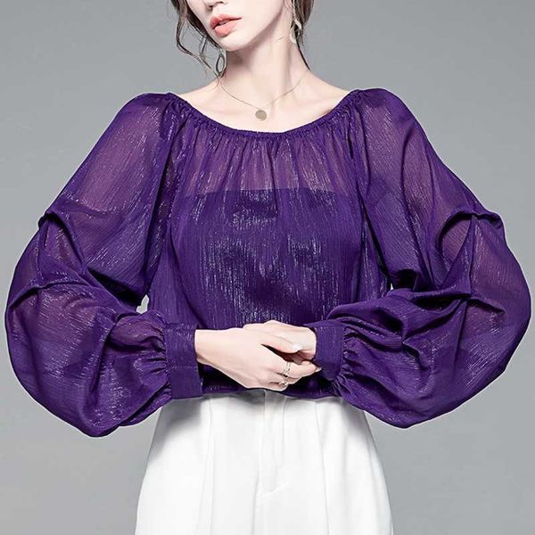 

big lantern sleeve blouse women spring autumn slash neck shirts office work solid vintage 210601, White