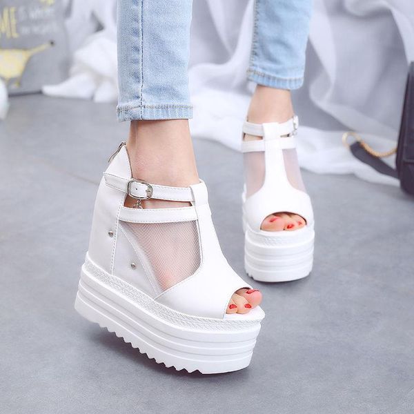 

35-39 size summer women shoes 5cm-6cm heel height open toe increasing 6cm sandals peep-toe platform lady mesh, Black
