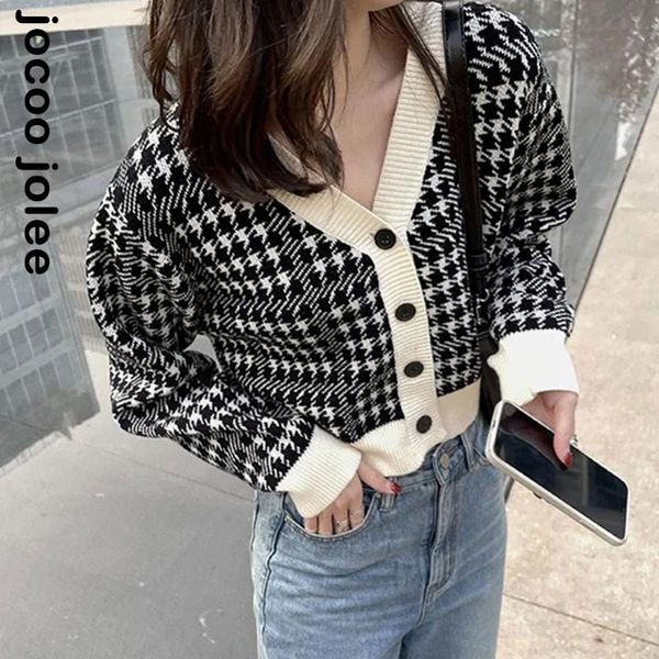 

women's knits & tees houndstooth print cardigan women button black v neck chic sweater elegant crop autumn fashion warm jumper ladies s, White