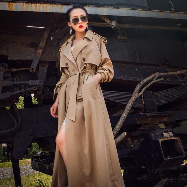 

women's trench coats double breasted windbreaker female 127cm over the knee x-long spring and autumn british style was thin coat f321, Tan;black