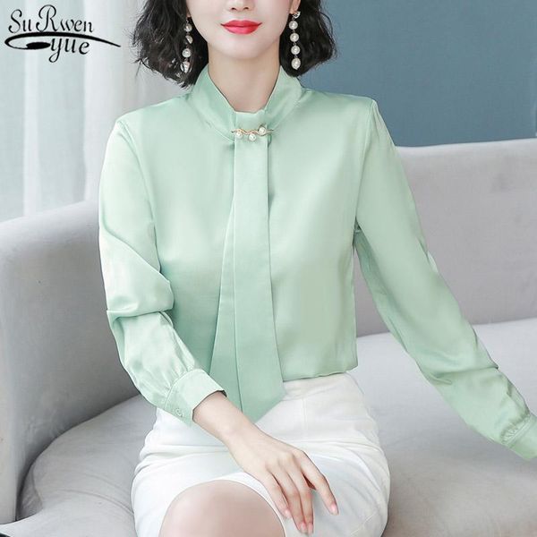 

women's blouses & shirts autumn korean loose silk shiny chiffon pullover shirt long sleeve sequined bow satin blouse tunic bottoming 10, White