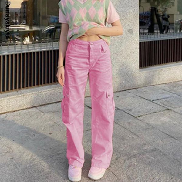 

women's pants & capris 2021 baggy cargo women high waist trousers casual pockets korean pink cute wide leg joggers streetwear loose, Black;white