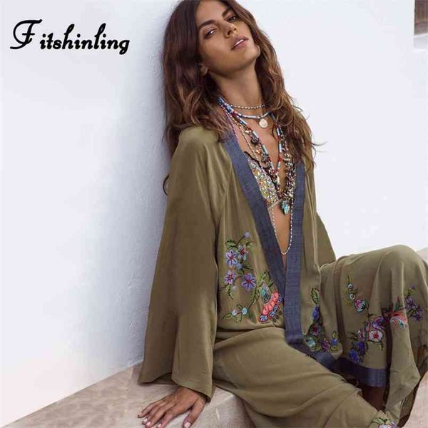 Fitshinling Fiori Ricamo Kimono da spiaggia Vacanza Verde militare Costumi da bagno vintage Copricostumi Manica lunga Autunno Copertura esterna 210722