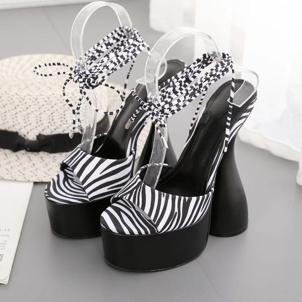 Сандалии Oeing Womens Peep Toe Zebra Pattern Super 16CM Высокие каблуки Обувь Крестные ремешки Гладиатор Black Plus Размер 2022