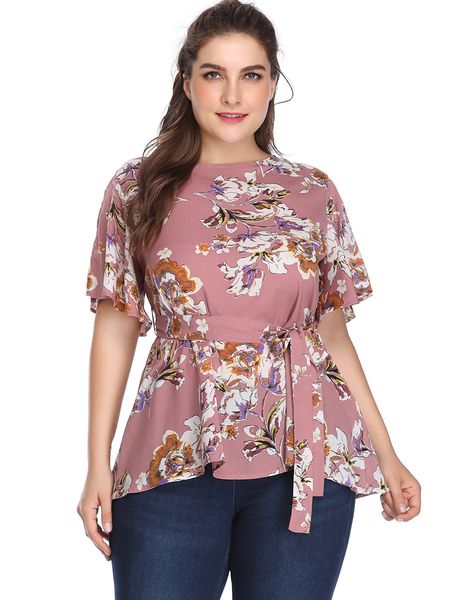 

women's plus size large printed belt split shirt 3043