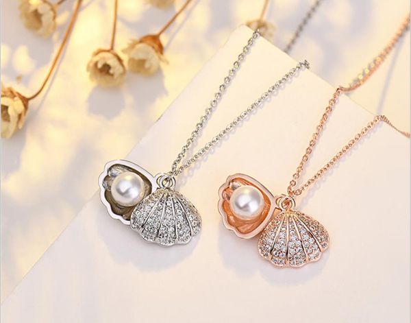 

2021 silver plated pearl shell shape necklace pendant female 18k clavicle chain diamond for girl gift