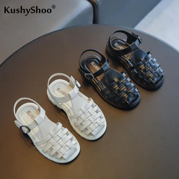 

sandals kushyshoo flat 2021 fashion weave hollow hook&loop kids shoes for girl breathable lighted summer girls, Black;red