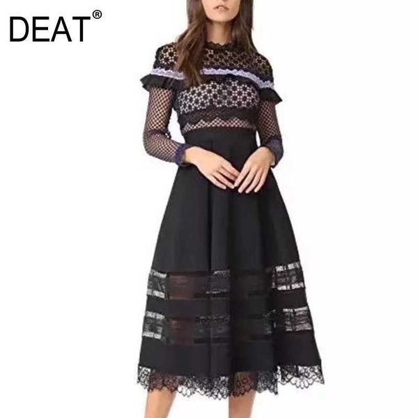 

[deat] summer fashion round neck high waist hollow out long sleeve splicing loose style dress women 13d019 210527, Black;gray