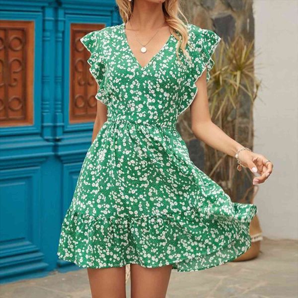 

summer bohemian casaul floral women dresses print v neck ruffle sleeve green black yellow rose red, Black;gray