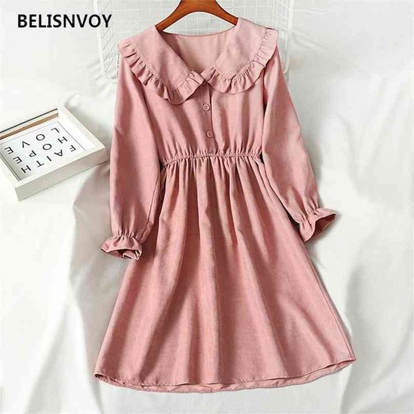 Japonesa Mori Menina Outono Primavera Mulheres Vestido Bonito Peter Pan Collar Solida Solida Kawaii Flare Manga Corporta 210520