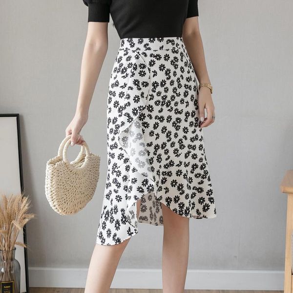 

skirts long skirt ladies clothing spring/summer high waist elastic harajuku retro street loose chiffon small daisy, Black