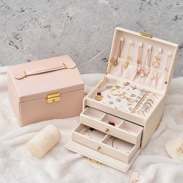 

customized pu leather storage organizer designer women's travel jewelry box display tray portable two-layer box for jewelry 210901