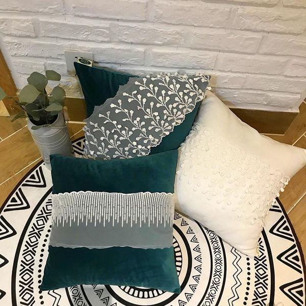 

deep green/white/pink lace frill cushion cover lumbar pillow sofa square velvet waist pillowcase for pompom backrest cushion/decorative