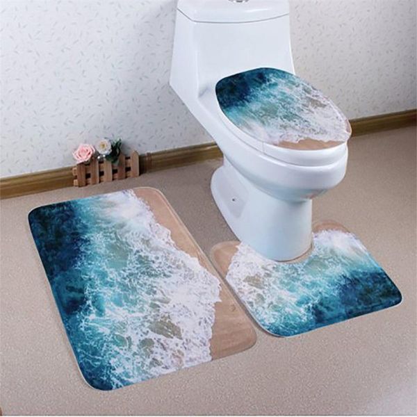 

carpets anti-slip bath mat absorbent blue ocean pattern rug floor toilet door +pedestal rug+lid 3 piece set