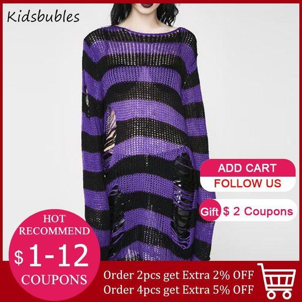 

pullover gothic punk striped long women sweater character cool hollow out hole broken thin knit cozy top, White;black