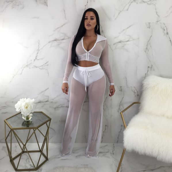 

women's pantsuit fashion casual breathable mesh multi-color see-through beach, White