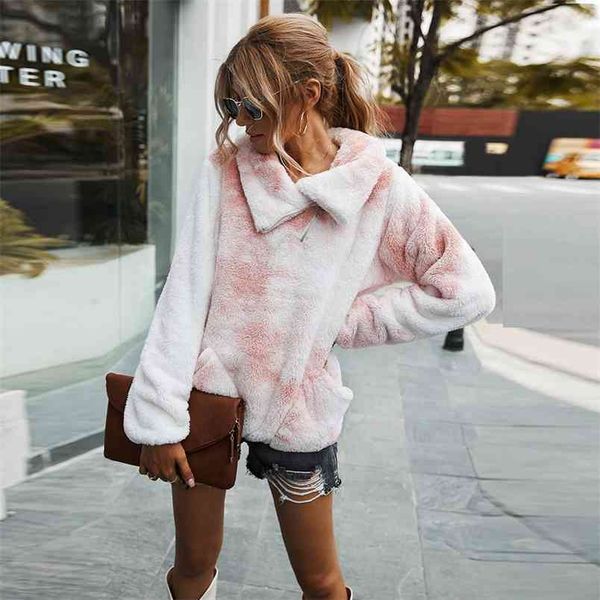 

women tie-dye plush hoodies autumn winter zip lapel soft warm pullover sweatshirt ladies fashion casual loose pocket outwear 210522, Black
