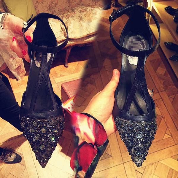 

dress shoes single-shoe, lace, gemstone, and pointy heels., Black