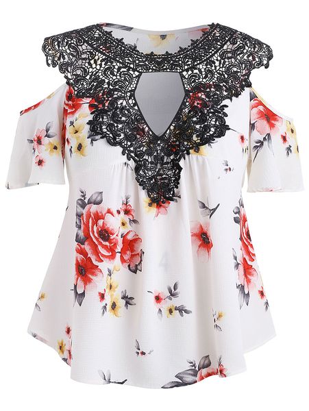 

floral flower print shirts loose chiffon blouse lace crochet boho cold shoulder women big plus size 5xl xxxxl xxxl, White